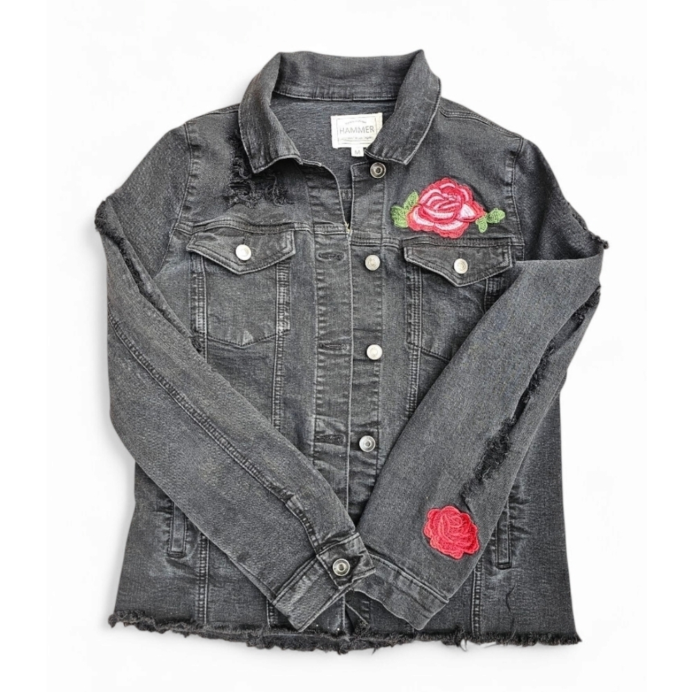 Premium Denim Hammer Jean Jacket With Rose And Tiger Embroidery.